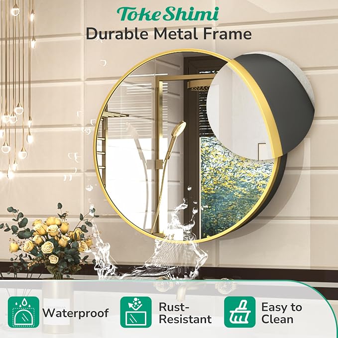 20 Inch Round Gold Framed Medicine Cabinet for Bathroom with Vanity Mirror Small Metal Bathroom Mirrored Cabinet for Wall Mounted Only Circle Farmhouse Medicine Cabinet Detachable Shelves