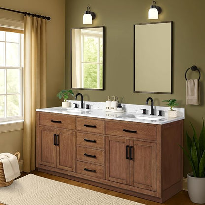 72-inch Dark Walnut Bathroom Vanity with 2 Sinks, Solid Wood, 0.79-inch Stone Countertop and Backsplash, 6 Drawers, 4 Soft Closing Doors