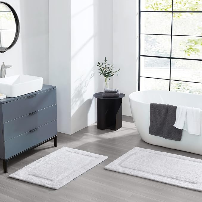 Jean Pierre New York Lydia Border 100% Cotton Bath Mat 2-Piece Set - Non-Slip Bath Rug - White - 17"x24" & 20" x 32"