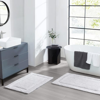 Jean Pierre New York Lydia Border 100% Cotton Bath Mat 2-Piece Set - Non-Slip Bath Rug - White - 17"x24" & 20" x 32"