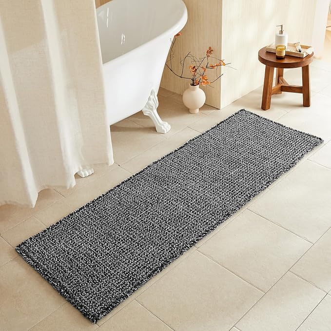 TYUU Waffle Runner Rug Bathroom, Long Boho Bath Mat, 72x24 Black & White | Super Absorbent Quick Dry Bath Rug, Non-Slip Backing, Soft Waffle Washable Farmhouse Bathroom Mats, Tub, Shower & Home Decor