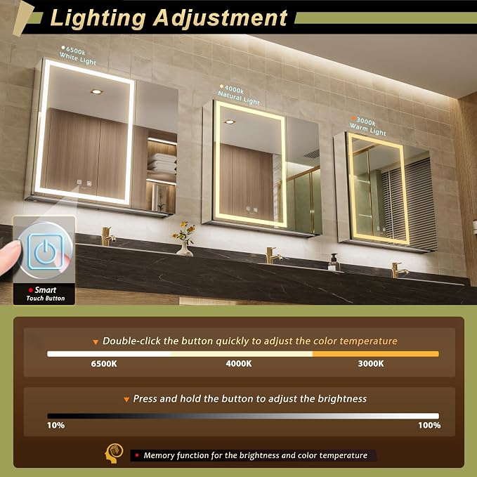 30*28 inch Two-door Aluminum LED Lighted Bathroom Medicine Mirror Cabinet | Light Adjustable, Sockets & USBs inside, Anti-Fog, Easy to Install