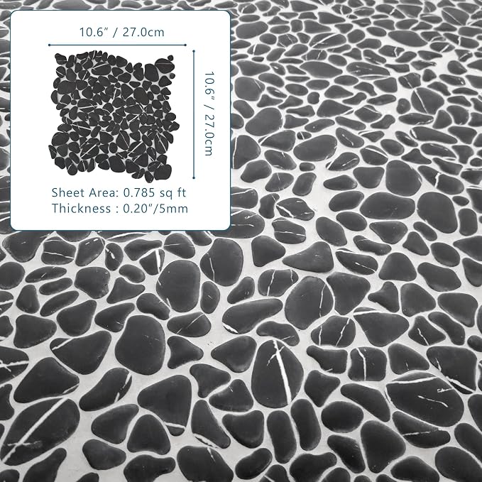 SUNWINGS 10-Sheet Pebble Tile for Shower Floor Border Kitchen Bathroom Backsplash, Black Marquina Recycled Glass Marble Stone Looks Wall and Floor Tile, Covers 7.9 Sq. Ft