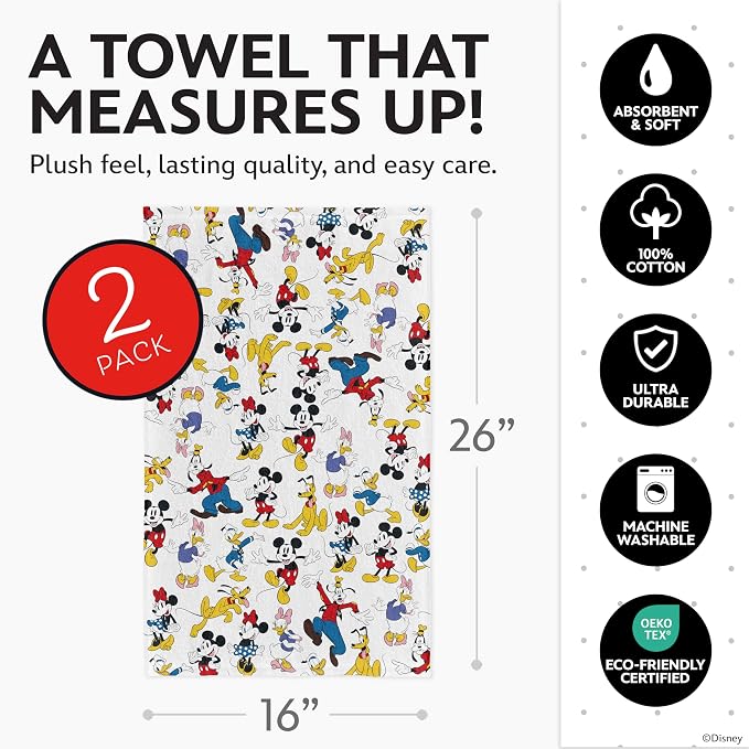 Disney Mickey & Friends Cotton Kitchen Towels, 2-Pack 16"x26", Absorbent | Durable, colorfast dish towels resist fraying, machine washable, dries dishes, hangs on oven handles, great for gifting