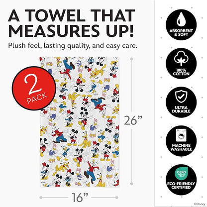 Disney Mickey & Friends Cotton Kitchen Towels, 2-Pack 16"x26", Absorbent | Durable, colorfast dish towels resist fraying, machine washable, dries dishes, hangs on oven handles, great for gifting