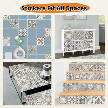 24 PCS Bohemian Floral PVC Peel and Stick Tile Stickers | for Kitchen Bathroom RV, Waterproof Self-Adhesive Removable Backsplash Decals, Easy DIY Upgrade, Smooth Surfaces, 3.94x3.94in