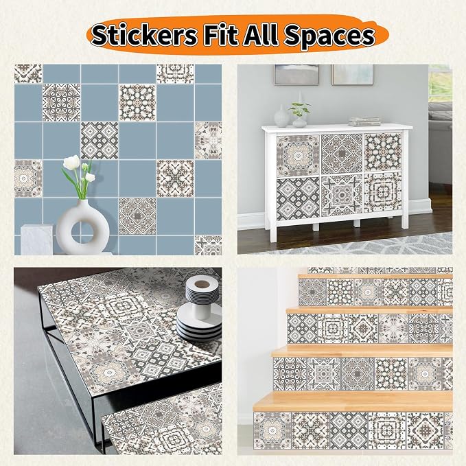 24 PCS Bohemian Floral PVC Peel and Stick Tile Stickers | for Kitchen Bathroom RV, Waterproof Self-Adhesive Removable Backsplash Decals, Easy DIY Upgrade, Smooth Surfaces, 7.87x7.87in