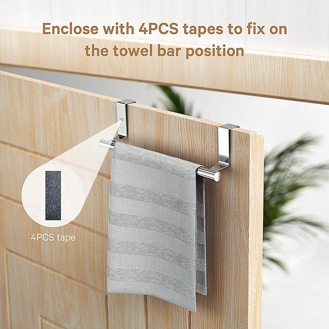 Over Cabinet Towel Bar, Stainless Steel Towel Holder, Silver, 2 Pack | No-drill Over Cabinet Towel Rack, Rustproof Stainless steel, Scratch-resistant Foam Pads, Fits Doors Up to 0.8"