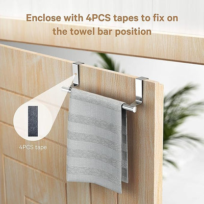 Over Cabinet Towel Bar, Stainless Steel Towel Holder, Silver, 2 Pack | No-drill Over Cabinet Towel Rack, Rustproof Stainless steel, Scratch-resistant Foam Pads, Fits Doors Up to 0.8"