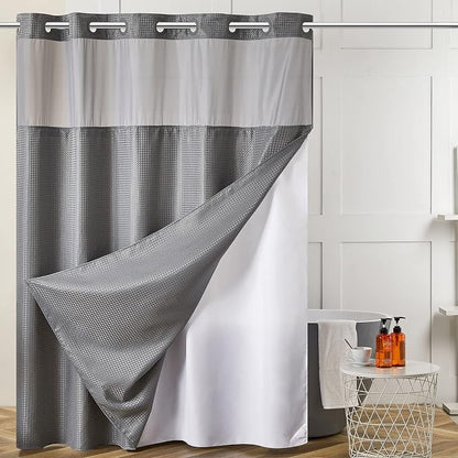 Furlinic No Hook Shower Curtain with Snap in Fabric Liner Set,Waffle Weave Heavy Duty Bathroom Curtain with See Through Window,Waterproof & Machine Washable,Hotel Style,Light Grey,71x72 Inch