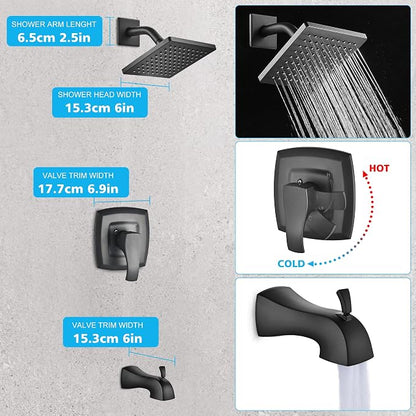 Shower Faucet Set with Valve,Tub and Shower Faucet Set with 6-Inch 3-Spray Shower Head and Tub Spout,Single Handle Shower Trim Kit Bathtub Shower System for Bathroom Shower Combo Set, Black