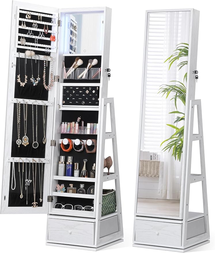 Nicetree 360° Swivel Jewelry Cabinet with Lights, Full Length Mirror, Lock | Standing Mirror Jewelry Cabinet, Lockable Mirror with Storage, Lighted Interior Mirror, Shelves, Flip-over Shelf, Grain White