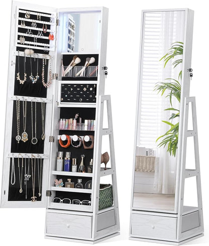 Nicetree 360° Swivel Jewelry Cabinet with Lights, Full Length Mirror, Lock | Standing Mirror Jewelry Cabinet, Lockable Mirror with Storage, Lighted Interior Mirror, Shelves, Flip-over Shelf, Grain White