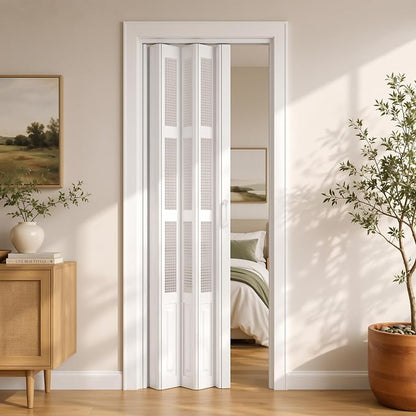 SMARTSTANDARD 32"x 80" Accordion Door with Grid Frosted Acrylic Glass,White | Double Walled PVC Folding Accordion Closet Door for Bedroom Bathroom, Save Space, Full-Side Magnetic Strip, Easy to Install