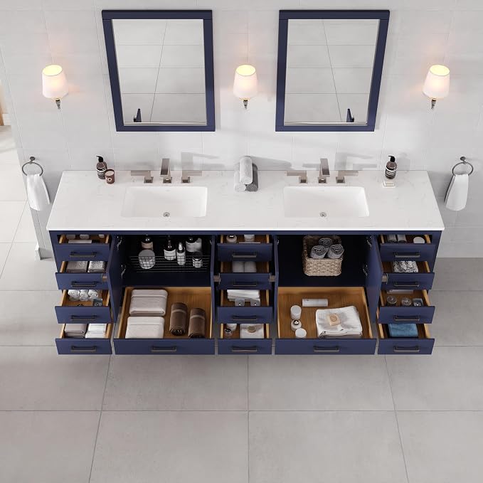 Aberdeen 96 in. Blue Double Sink Bath Vanity with Carrara Quartz Top and Undermount Porcelain Sinks