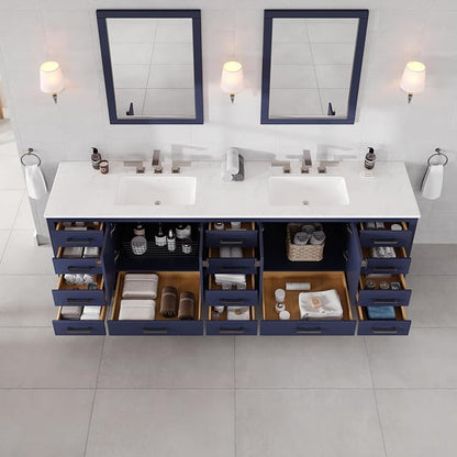 Aberdeen 96 in. Blue Double Sink Bath Vanity with Carrara Quartz Top and Undermount Porcelain Sinks