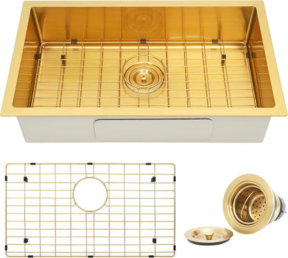Kitsitchen Gold RV Ktichen Sink, 16 Gauge T304 Stainless Steel Undermount Kitchen Sinks with Strainer & Bottom Gird, 27" x 16" x 7" Single Bowl Drop in Kitchen Sinks Used at RV, Outdoor,Bathroom
