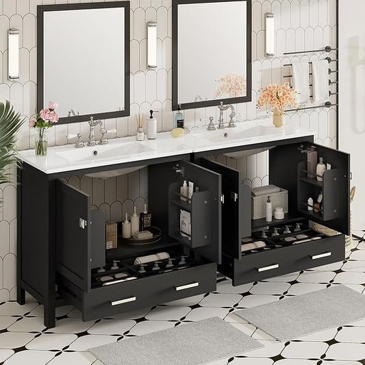 72" Black Bathroom Vanity with Double Sink, 72 Inch Bathroom Vanity Set with Double Vanities (Separate), 2 Bathroom Vanities with Sink, Storage Shelf, and Divided Drawers (Mirror not included)