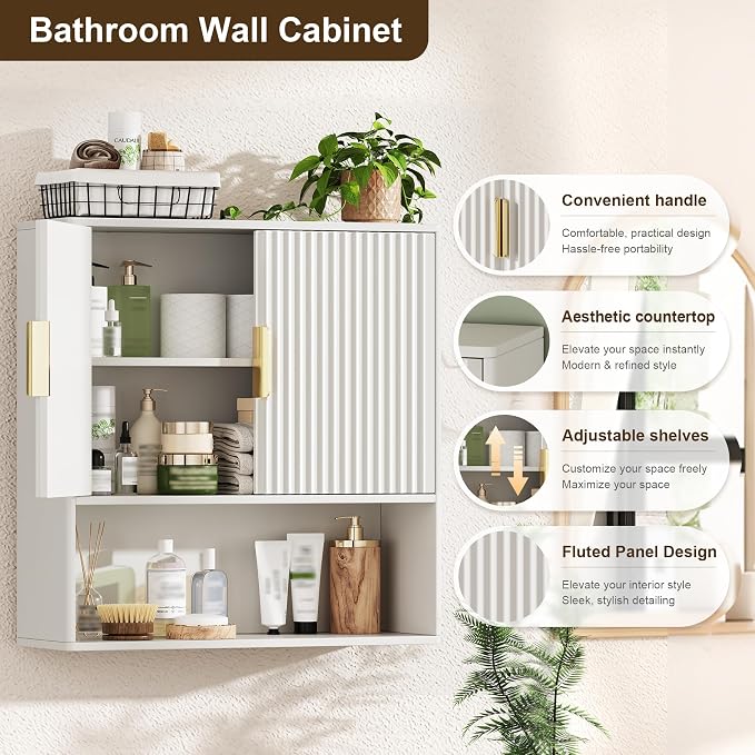 Bathroom Wall Storage Cabinet, Over the Toilet Storage Cabinet with Fluted Doors & Adjustable Shelf, Wood Medicine Cabinet Wall Mounted for Bathroom, Laundry Room & Kitchen, Natural Oak