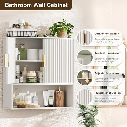 Bathroom Wall Storage Cabinet, Over the Toilet Storage Cabinet with Fluted Doors & Adjustable Shelf, Wood Medicine Cabinet Wall Mounted for Bathroom, Laundry Room & Kitchen, Natural Oak