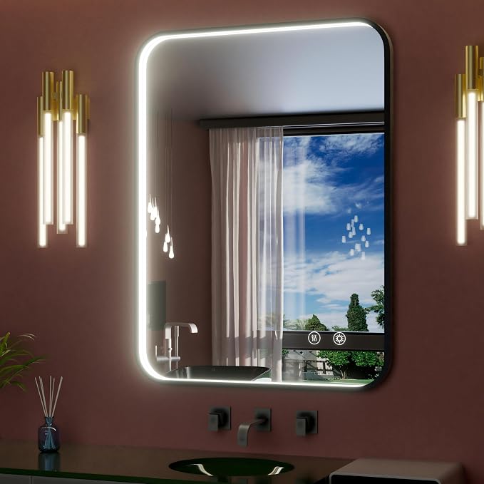 28"x36" Black LED Bathroom Mirror with Lights, 3000K/4500K/6000K | Stepless Dimmable, Memory, Anti-Fog,Aluminum Frame Wall Mounted Lighted Bathroom Vanity Mirror, ETL Listed, IP54 Waterproof