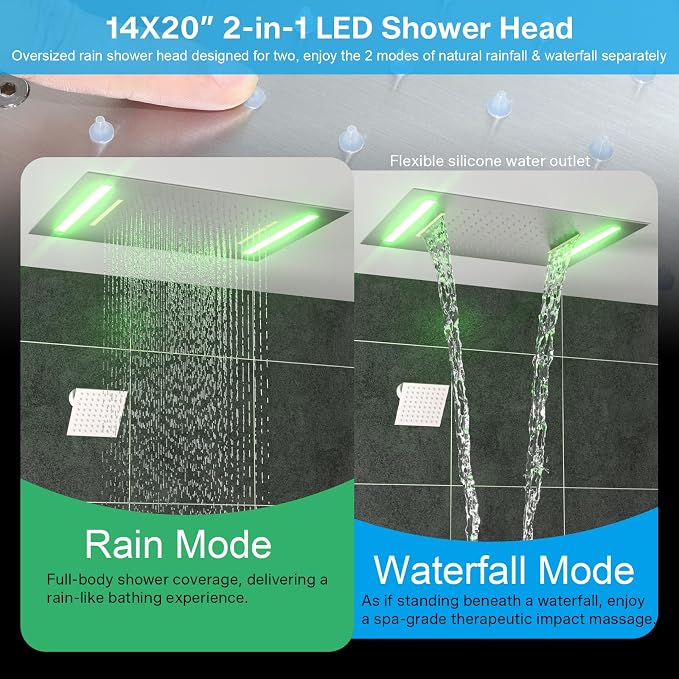 ENGA Dual Rain Shower Head System, 2 In 1 Functions Ceiling Mount 14x20inch LED Shower Head with 6 Inch Shower Head, Rainfall Waterfall Shower Faucet Set, Brushed Nickel