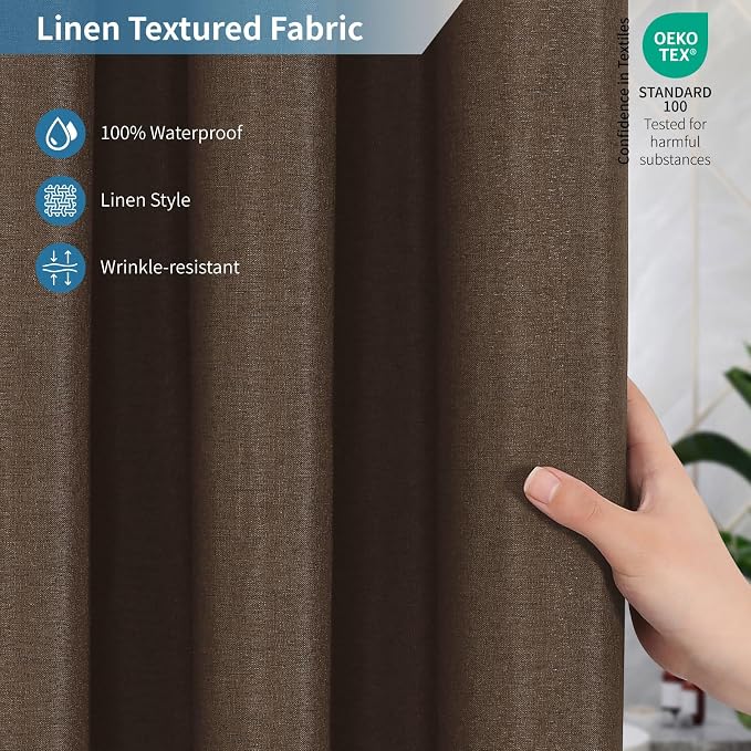 Waterproof Fabric Shower Curtain,No Liner Needed,72x72,Brown | 2-in-1 Design,Linen Textured,100% Waterproof TPU-Laminated Backing,Magnetic Weighted,Machine Washable,For Bathroom,Hotel