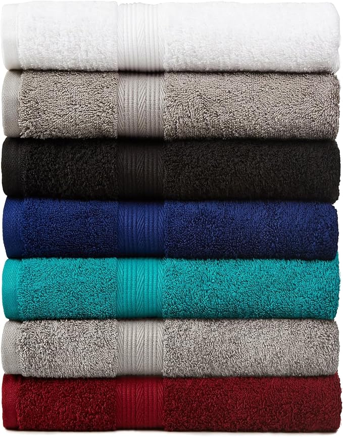 Amazon Basics 6-Piece Highly Absorbent Fade-Resistant Towel Set, 100% Cotton Towels for Bathroom, Soft, 2 Bath Towels, 2 Hand Towels, 2 Washcloths, Black