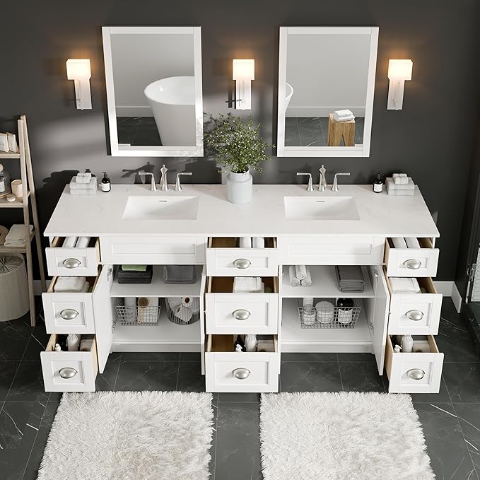 Eviva Epic 84 in. White Double Sink Bath Vanity with Carrara Quartz Top