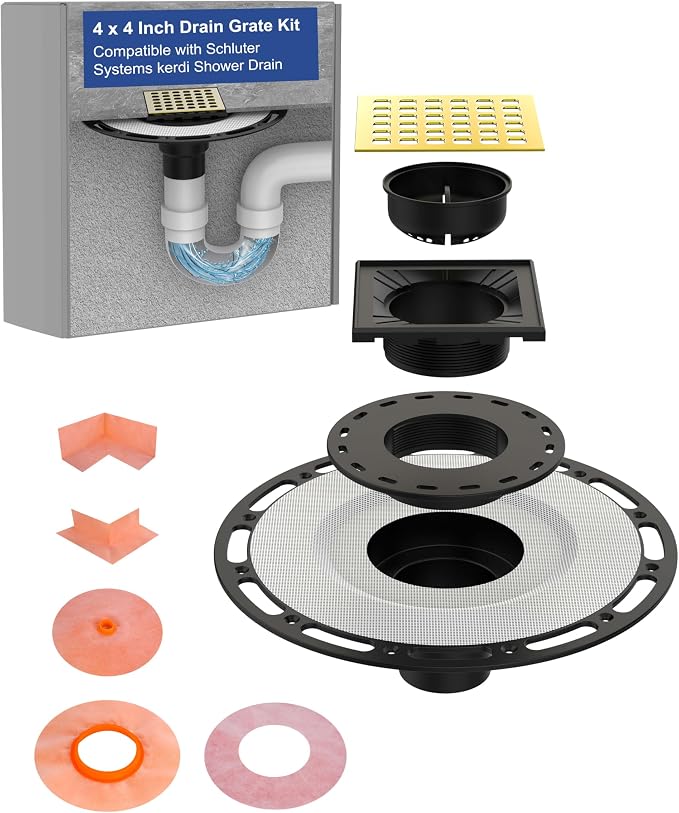 4" Shower Drain Kit Compatible with Schluter Kerdi, Premium 304 Stainless Steel Flange System, Exact Fit Alternative for Tile Floors, Includes Hair Strainer & Grate Opener, Brushed Gold