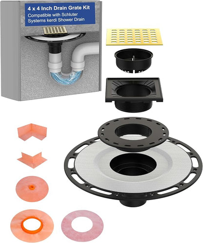 4" Shower Drain Kit Compatible with Schluter Kerdi, Premium 304 Stainless Steel Flange System, Exact Fit Alternative for Tile Floors, Includes Hair Strainer & Grate Opener, Brushed Gold