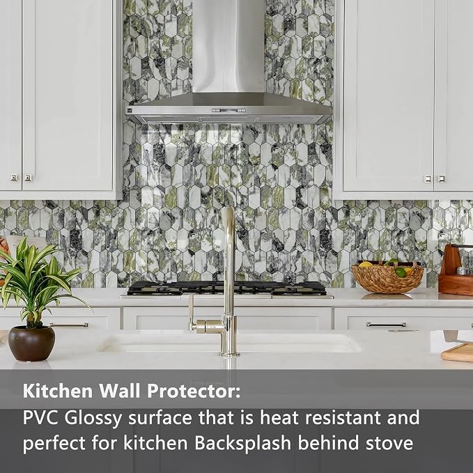 Vamos Tile Long Hexagon Peel and Stick Backsplash Tile - 10 Sheets Stick on Backsplash for Kitchen and Bathroom 12.4 x 12 Inch Glossy Ice Green PVC Self Adhesive Mosaic Wall Tiles