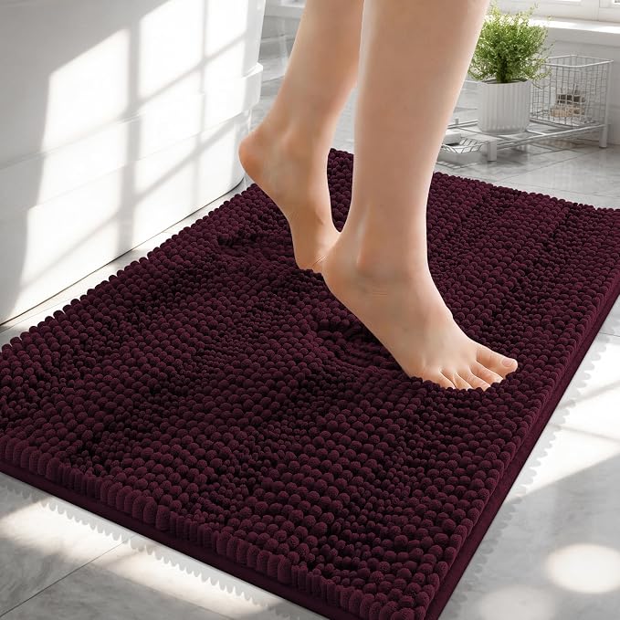 OLANLY Thick Small Bathroom Rugs 24x16, Chenille Bath Rugs, Black Cherry | Rubber Backing, Machine Wash, Extra Absorbent Striped Bath Mats for Bathroom Floor, Tub and Shower, Home Decor Accessories