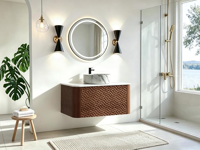 30 Inch Modern Bathroom Vanity with Ceramic Sink, Floating Bathroom Vanity Cabinet with Sintered Stone Top&Solid Wood Hammered Frame, Single Sink Bathroom Vanities w/Soft-Close Drawers,Walnut