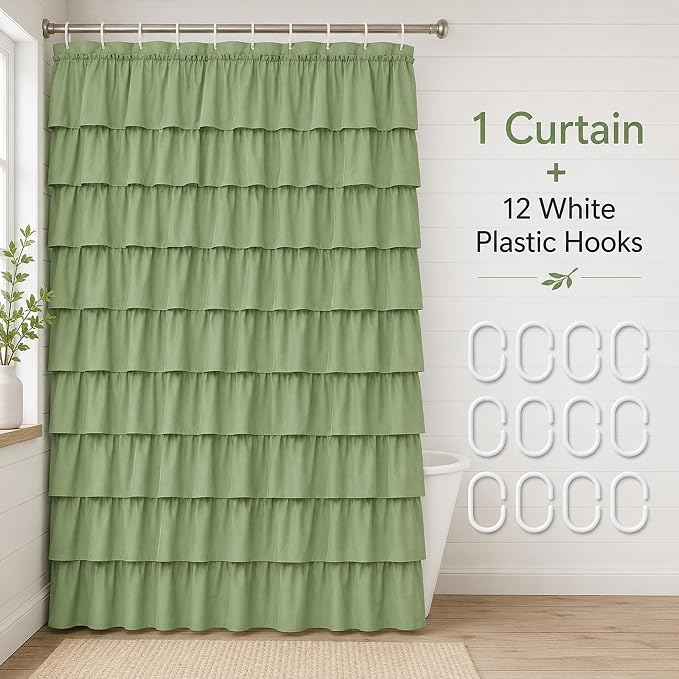 Green Ruffle Shower Curtain for Bathroom, 36x72 inch, 1 Panel, 6ft | Elegant Ruffled Drape, Cottagecore Bathroom Style, Shabby Chic Ruffles, 36 x 72, 12 Hooks Included, Machine Washable, Cloth