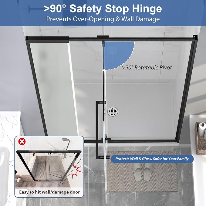 42-48" W x 72" H Frosted Pivot Shower Glass Door Matte Black | 1/4"(6mm) SGCC Tempered Glass with Explosion-Proof Film &Nano Coating,Customizable Width