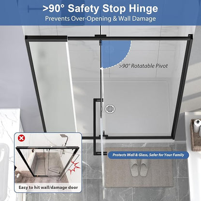 42-48" W x 72" H Frosted Pivot Shower Glass Door Matte Black | 1/4"(6mm) SGCC Tempered Glass with Explosion-Proof Film &Nano Coating,Customizable Width