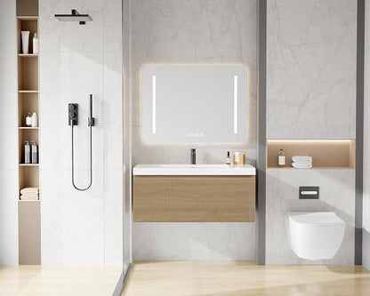 36 Inch Floating Bathroom Vanity with Sink, Modern Oak Wall Mounted Floating Vanity with Glossy Resin Sink, Soft Closing Drawer, Fully Pre Assembled Bathroom Vanity, Natural Oak