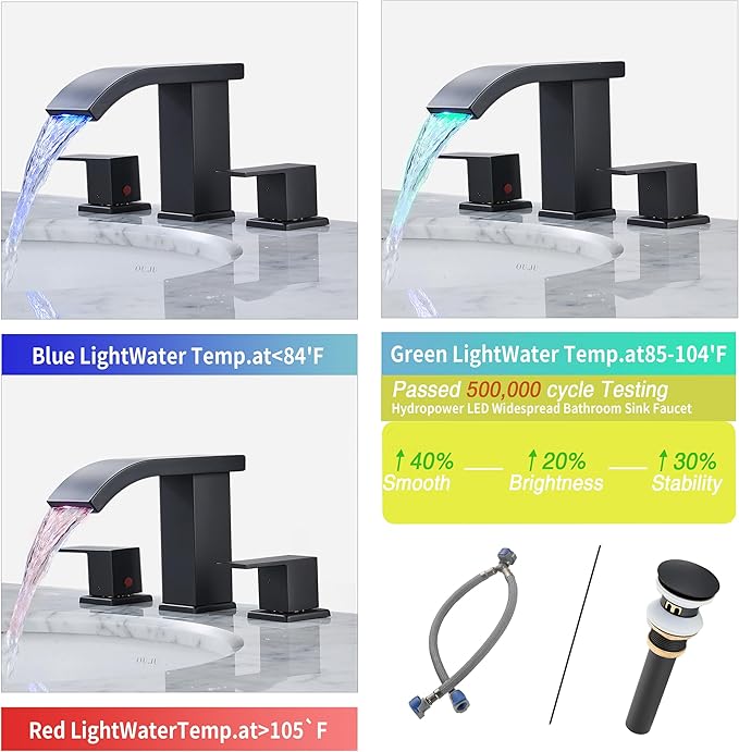 Bathroom faucets 3 Hole Widespread Modern Bathroom Sink Faucet 8 inch Matte Black Bathroom 3 Hole LED Light Waterfall Vanity Faucet Sink with Pop Up Drain (Matte Black)