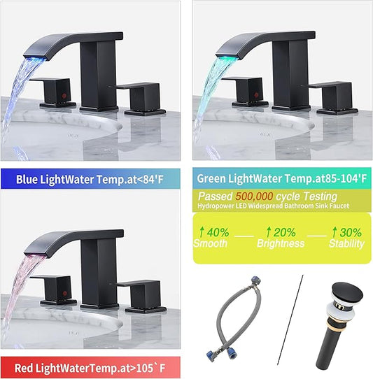 Bathroom faucets 3 Hole Widespread Modern Bathroom Sink Faucet 8 inch Matte Black Bathroom 3 Hole LED Light Waterfall Vanity Faucet Sink with Pop Up Drain (Matte Black)
