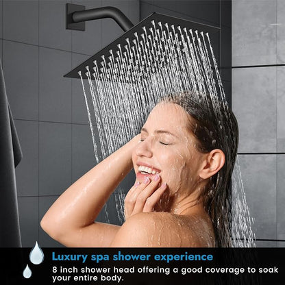 Matte Black Shower Faucet Set, 8 Inch Rain Shower System with Valve | Complete Rain Shower Set with Valve, Single Handle Wall Mount Design