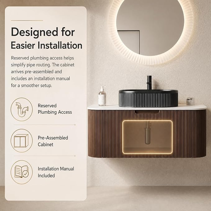 36 Inch Bathroom Vanity with Sink, Floating Wall Mounted Single Sink Vanity, Dark Walnut Curved Fluted Front, Stone Top, Black Textured Oval Vessel Basin, Pre-Assembled