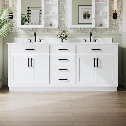 80-Inch Bathroom Vanity with Double Sinks W/ 4 Doors & 4 Drawers & 2 Flip Drawers, White Vanity W/Matte Black Handles