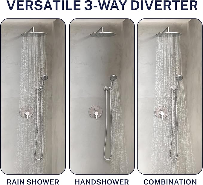 HammerHead Showers Solid Metal Two Handle Shower Valve and Trim Kit Brushed Nickel, Diverts Water Controls Volume and Temperature, Rough-In Shower Trim Kit with Valve and Pressure Balance Shower Valve