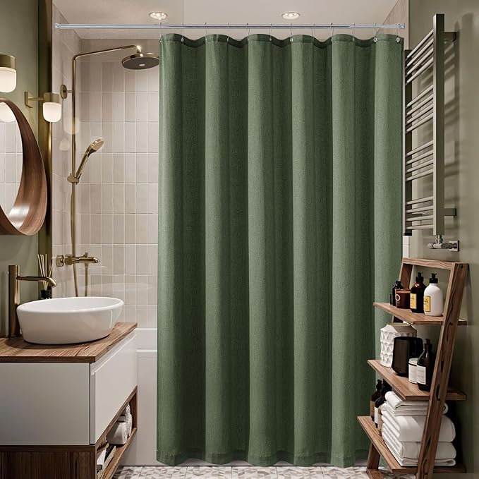 Olive Green Shower Curtain for Bathroom Water Repellent 72x80 Inch | Linen, Boho Farmhouse, Shower Curtains 80 Inches Long, Spring Decor, Hotel Bathtub, Extra Long Drapes Set with Hooks