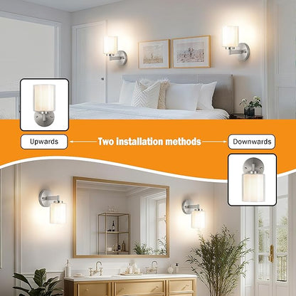 Battery Operated Wall Sconce Set of 2, Wireless Wall Sconce with Remote,10000mAh Rechargeable RGB Dimmable Bathroom Light Fixtures with Double Clear Glass Shade NOT Hardwired (Nickel)