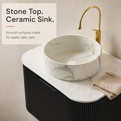 24 Inch Bathroom Vanity with Sink, Floating Wall Mounted Single Sink Vanity for Small Baths, Black Curved Fluted Front, Stone Top, Marble-Look Round Vessel Basin, Pre-Assembled