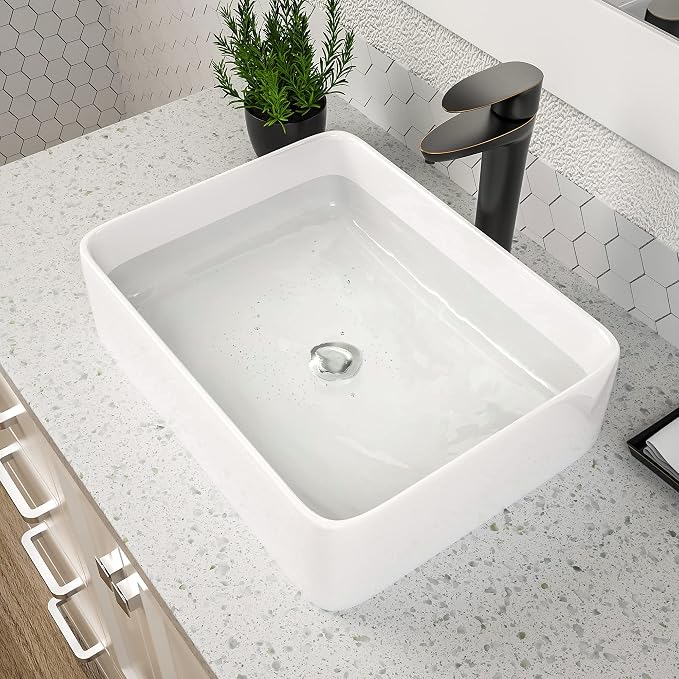 Dcolora 19" x 15" Rectangular Bathroom Vessel Sink, White Ceramic Porcelain Above Counter Vanity Basin, Modern Rectangle Sink for Bathroom