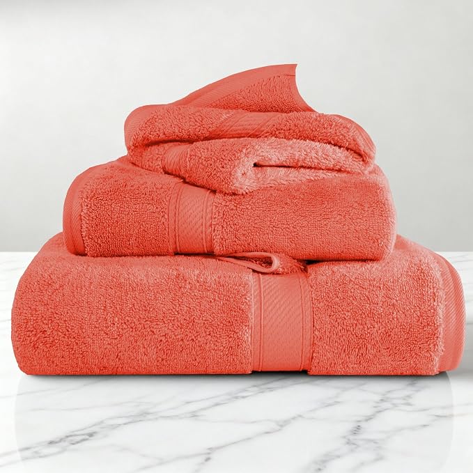 SUPERIOR Egyptian Cotton Ultra Plush & Absorbent, 3 Piece Set, Coral | Quick Dry, Soft Luxury Towel Set, Bath Essentials, Guest Bath, Spa, 1 Bath, 1 Hand, 1 Face Towels, Madeline Towels