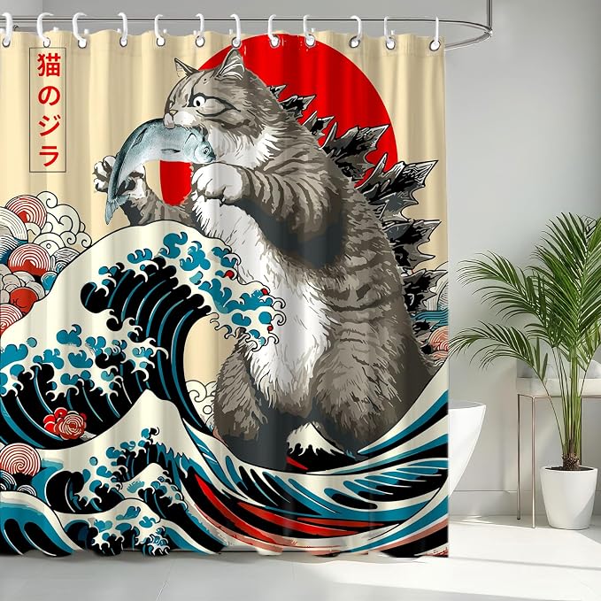 Funny Japanese Cat Shower Curtain, Vintage Cat Eating Fish Japan Art Anime Sunset Wave Waterproof Shower Curtain with Hooks, Animal for Kids Fabric Shower Curtains Bathroom Decor 72X72inches